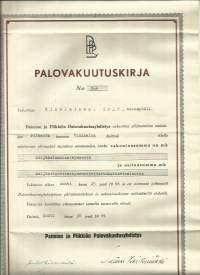 Paimion ja Piikkiön Palovakuutusyhdistys   - vakuutuskirja 1944