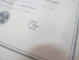 Ammattienedistämislaitos - Kurssitodistus, Viljo Mäentausta maatal. voimakonekurssi Loimaa 1939 42 oppituntia, 10.6.1939, allekirjoitus Väinö Valkola &amp; Paavo Pero