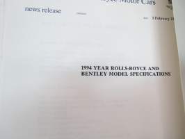 Rolls-Royce and Bentley 1994 year model specifications news release + 6 pcs press photographs -lanseerausesite + 6 kpl pressikuvia