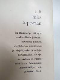 Tuli mies tupestaan - Manuscript -63 -kulttuurikatsaus satakuntalaisten taiteilijoiden tuotantoon &quot;antologia&quot; vastalauseena muun Suomen syrjivään asenteeseen