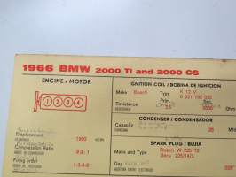 BMW 2000 TI and 2000 CS 1966 Sun Electric Corporation -säätöarvokortti, monikielinen -technical specifications, multilingual