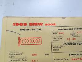 BMW 2002 1969 Sun Electric Corporation -säätöarvokortti, monikielinen -technical specifications, multilingual