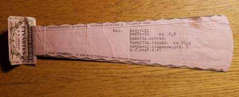 Willhelms&#039; Apotek Helsingfors, 1927, resepti signatuuri