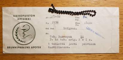 Kaivopuiston Apteekki, 1959, pussi resepti signatuuri