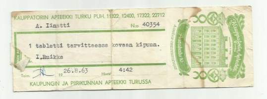 Kauppatorin Apteekki Turku A Carenin oikeudenomistajat  - resepti signatuuri  1963
