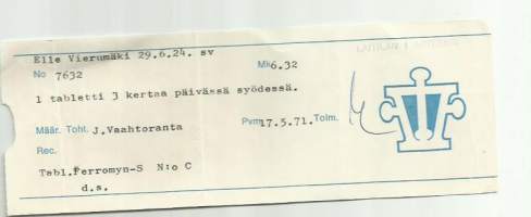 Laitilan I Apteekki  - resepti signatuuri  1971