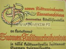 Suomen Kultturirahasto, kiitoskirja lahjoituksesta maanviljelijä Valto Laiterla 1939
