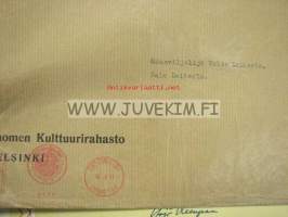 Suomen Kultturirahasto, kiitoskirja lahjoituksesta maanviljelijä Valto Laiterla 1939