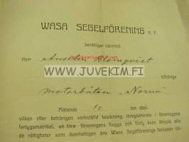 Certificat för motorboten &quot;Norna&quot; 1924 / Wasa Segelförening, Anselm Blomqvist, O. Gros, Konrad Vestlin -Vaasa, huviveneen sertifikaatti