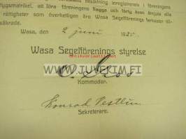 Certificat för motorboten &quot;Norna&quot; 1924 / Wasa Segelförening, Anselm Blomqvist, O. Gros, Konrad Vestlin -Vaasa, huviveneen sertifikaatti