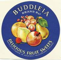 Buddleia Brand Rgd  Fruit Sweets  makeiskääre tuote-etiketti 1930-luku   16 cm