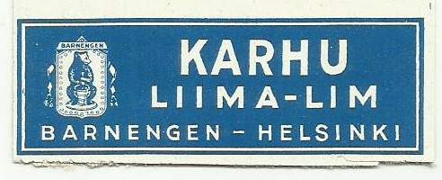 Karhu liimaa   - tuote-etiketti 2x6 cm vuodelta 1928