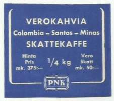 PNK Verokahvia Colombia - Santos - Minas 375 mk / vero 50 mk - tuote-etiketti veronauha vuodelta 1952