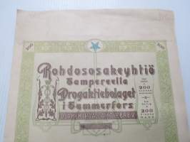Rohdososakeyhtiö Tampereella - Drogaktiebolaget i Tammerfors, 1 osake 200 mk, Tampere 1937 -osakekirja / share certificate