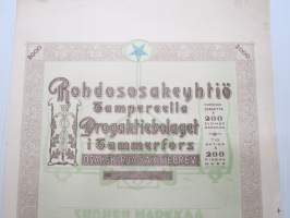 Rohdososakeyhtiö Tampereella - Drogaktiebolaget i Tammerfors, 10 osaketta á 200 mk, Tampere 1937 -osakekirja / share certificate