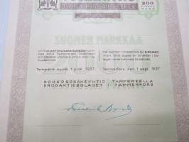 Rohdososakeyhtiö Tampereella - Drogaktiebolaget i Tammerfors, 10 osaketta á 200 mk, Tampere 1937 -osakekirja / share certificate