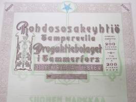 Rohdososakeyhtiö Tampereella - Drogaktiebolaget i Tammerfors, 10 osaketta á 200 mk, Tampere 1937 -osakekirja / share certificate