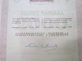 Rohdososakeyhtiö Tampereella - Drogaktiebolaget i Tammerfors, 10 osaketta á 200 mk, Tampere 1937 -osakekirja / share certificate