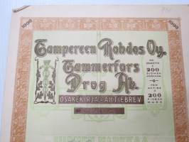 Tampereen Rohdos Oy - Tammerfors Drog Ab, viisi osaketta á 200 mk, Tampere 1941 -osakekirja / share certificate