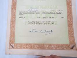 Tampereen Rohdos Oy - Tammerfors Drog Ab, viisi osaketta á 200 mk, Tampere 1941 -osakekirja / share certificate