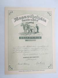 Maanviljelijäin Osakeyhtiö, Lapua, 1942, 1 osake 1 000 mk -osakekirja / share certificate