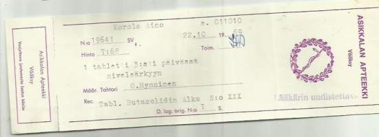 Asikkalan Apteekki  Vääksy  - Resepti signatuuri 1969