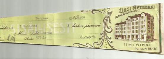 Uusi Apteekki Helsinki - resepti signatuuri  1954