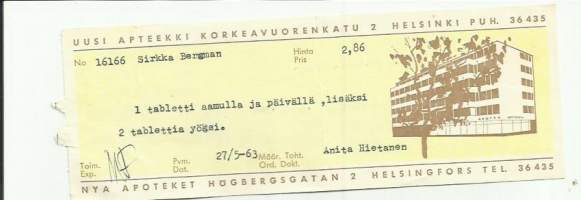 Uusi Apteekki Helsinki - resepti signatuuri  1963