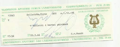 Yliopiston   Apteekki Turku  - resepti signatuuri  1966