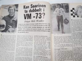 MC-Nytt 1973 nr 2 februari, Wankelmotorn, Kan Saarinen ta dubbelt i VM -73?, Benellis sexa, Att hänga elle inte hänga (kuvassa mm. Teuvo Länsivuori), etc.