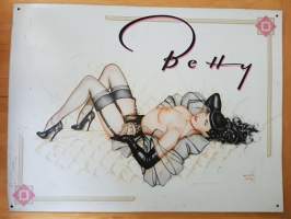 Betty -metallinen pin up taulu. Piirros, Olivia DeBerardinis 1992