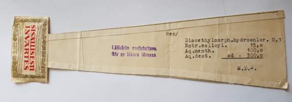Apteekki Fredrikin torin varrella Helsingissä, 1948, resepti signatuuri
