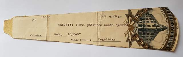 Willhelms&#039;in Apteekki - W.W. Lindqvist - Helsinki, 1937, resepti signatuuri