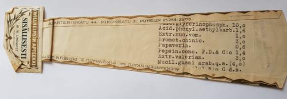 Willhelms&#039;in Apteekki - W.W. Lindqvist - Helsinki, 13.5. 1937, resepti signatuuri