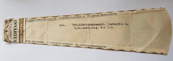Willhelms&#039; Apotek - W.W. Lindqvist - Helsinki, 1940, resepti signatuuri