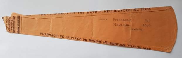 Kauppatorin Apteekki Helsingissä, 1937, resepti signatuuri