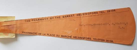 Kauppatorin Apteekki Helsingissä, 1941, resepti signatuuri