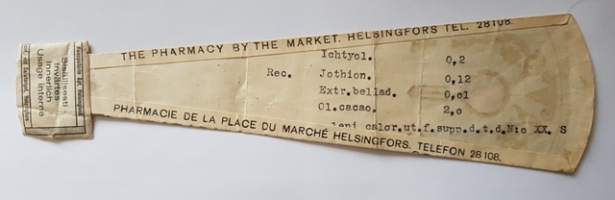 Kauppatorin Apteekki Helsingissä, 1943, resepti signatuuri