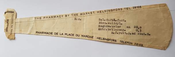Kauppatorin Apteekki Helsingissä, 1929, resepti signatuuri