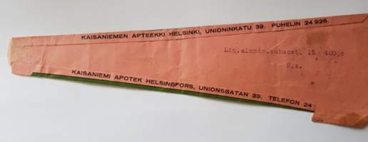 Kaisaniemen Apteekki, 1944, resepti signatuuri