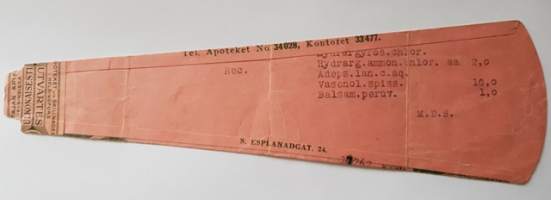 Apoteket vid Skillanden Helsingfors, 1938, resepti signatuuri