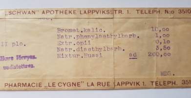 Joutsen Apteekki Helsinki, 1935, resepti signatuuri