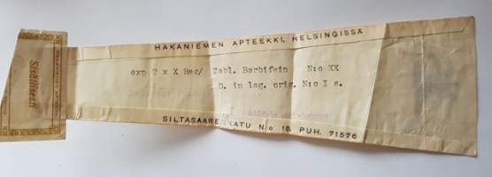 Hakaniemen Apteekki Helsingissä, 1946, resepti signatuuri