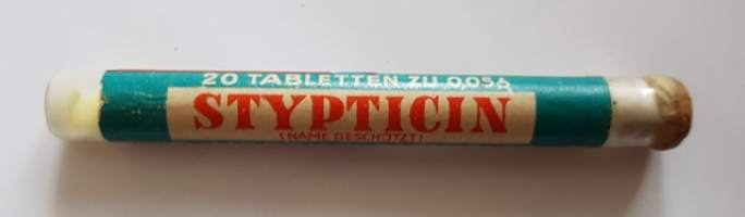 Stypticin 20 tabletten zu 0,05. E.Merck, Darmstadt -lääkepakkaus.