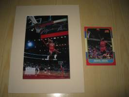 1986 Michael Jordan, Chicago Bulls NBA-kortin virallinen replika (tehty vuonna 1996) ja valokuva jossa nimikirjoitus painettu. Paspiksen koko 15 cm x 20 cm.