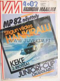 Vauhdin maailma 1982 nr 4 -mm. Ford Cortina Lotus -68 aristokaatti siviili vaatteissa, Chevykupla, Red Hot Ford 1928 ja Dodge 1937, Toyota Hi-lux 2200 Diesel 4WD