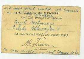 Carte de membre du Cine Club Francais  d´Helsinki 1950