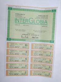 InterGlobia Oy, Helsinki 1989, Sarja A - Litt. D, 1 000 osaketta á 5,00 mk -  50 000 mk -osakekirja -share certificate