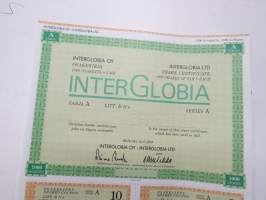 InterGlobia Oy, Helsinki 1989, Sarja A - Litt. D, 1 000 osaketta á 5,00 mk -  50 000 mk -osakekirja -share certificate