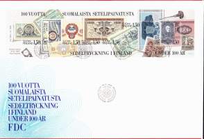 Suomi FDC 1985 100 vuotta suomalaista setelipainatusta (LAPE 958-965). Jättikokoinen kuori!